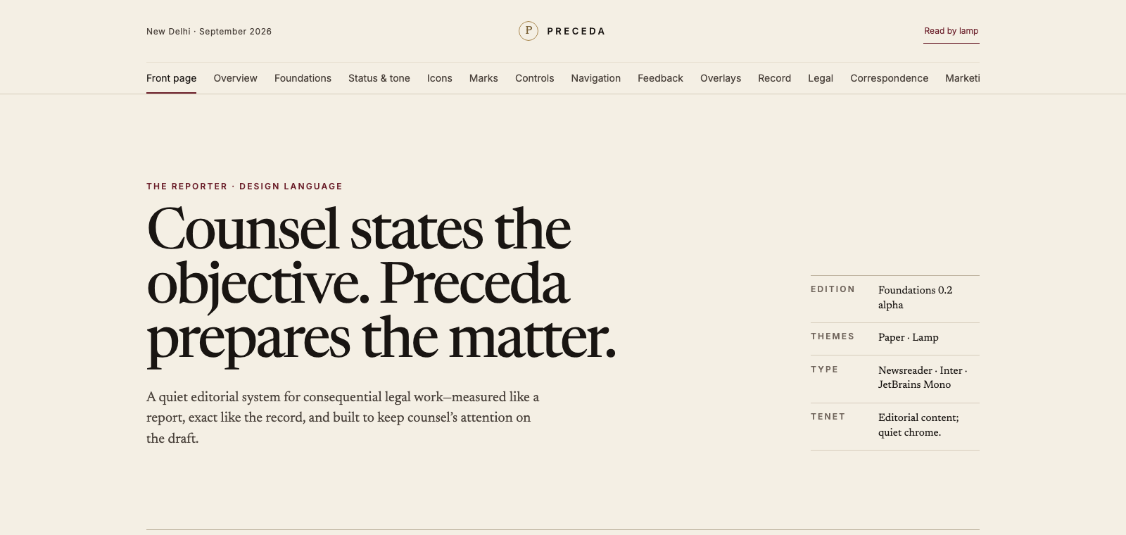 The front page of the Preceda design language: “Counsel states the objective. Preceda prepares the matter.”